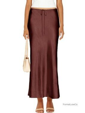 Satin Silk Maxi Skirt Drawstring A-Line Flowy Long Skirt